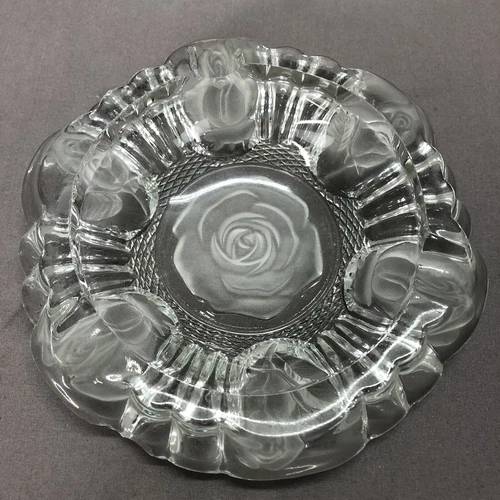 VINTAGE ASHTRAY FROSTED ROSE AND CLEAR BOWL 3 SLOT 1.5” X 7”