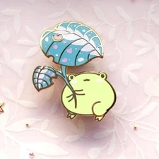 Frog Enamel Pin - Gogo with Leaf Umbrella - Gold Plated Brooch - Cute Jewelry