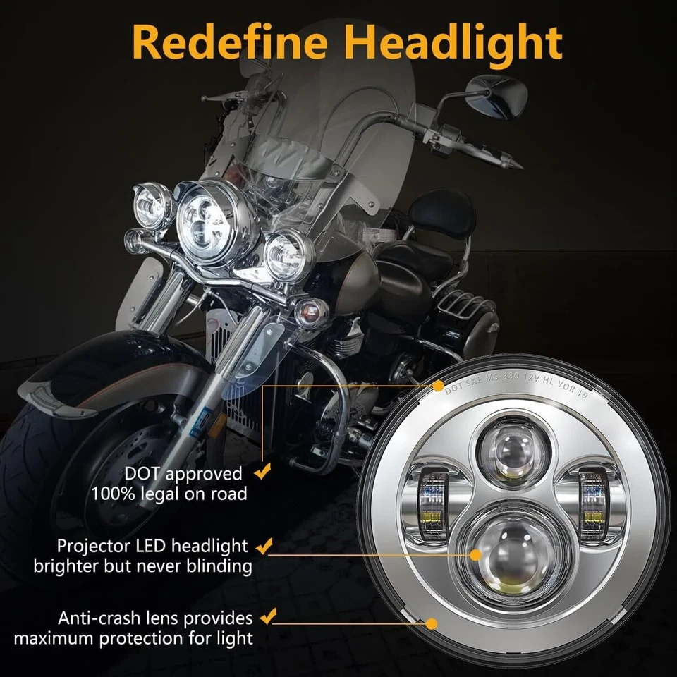 7 Inch 140W LED Headlight Hi/Lo + 2Pcs 4.5Inch 80W Fog Light for Harley Davidson - Image 3 of 4