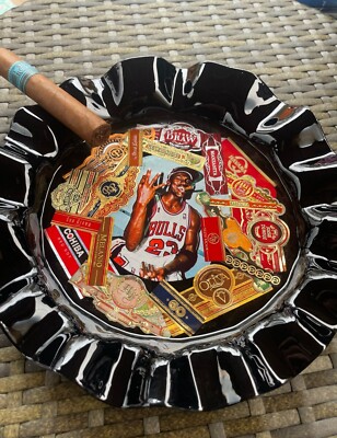 MICHAEL JORDAN CIGAR ASHTRAY with Custom Collage of Real Cigar Bands - Handmade