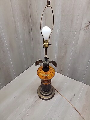 Vintage Bronze Plated Metal Eagle Amber Glass Lamp Tested Working Collectible 