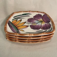 Bright Hand Painted Paradiso Salad/ Dessert Plates Flowers Purple/ Orange Set 4