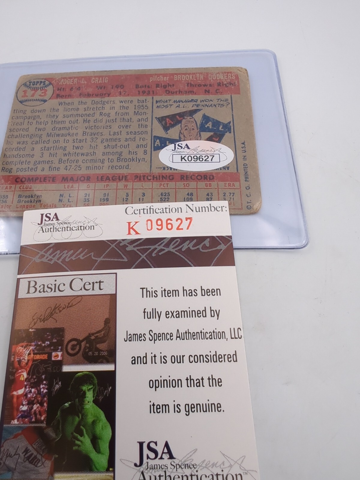 Roger Craig Signed 1957 Topps #173 Baseball Trading Card JSA COA - Picture 4 of 4