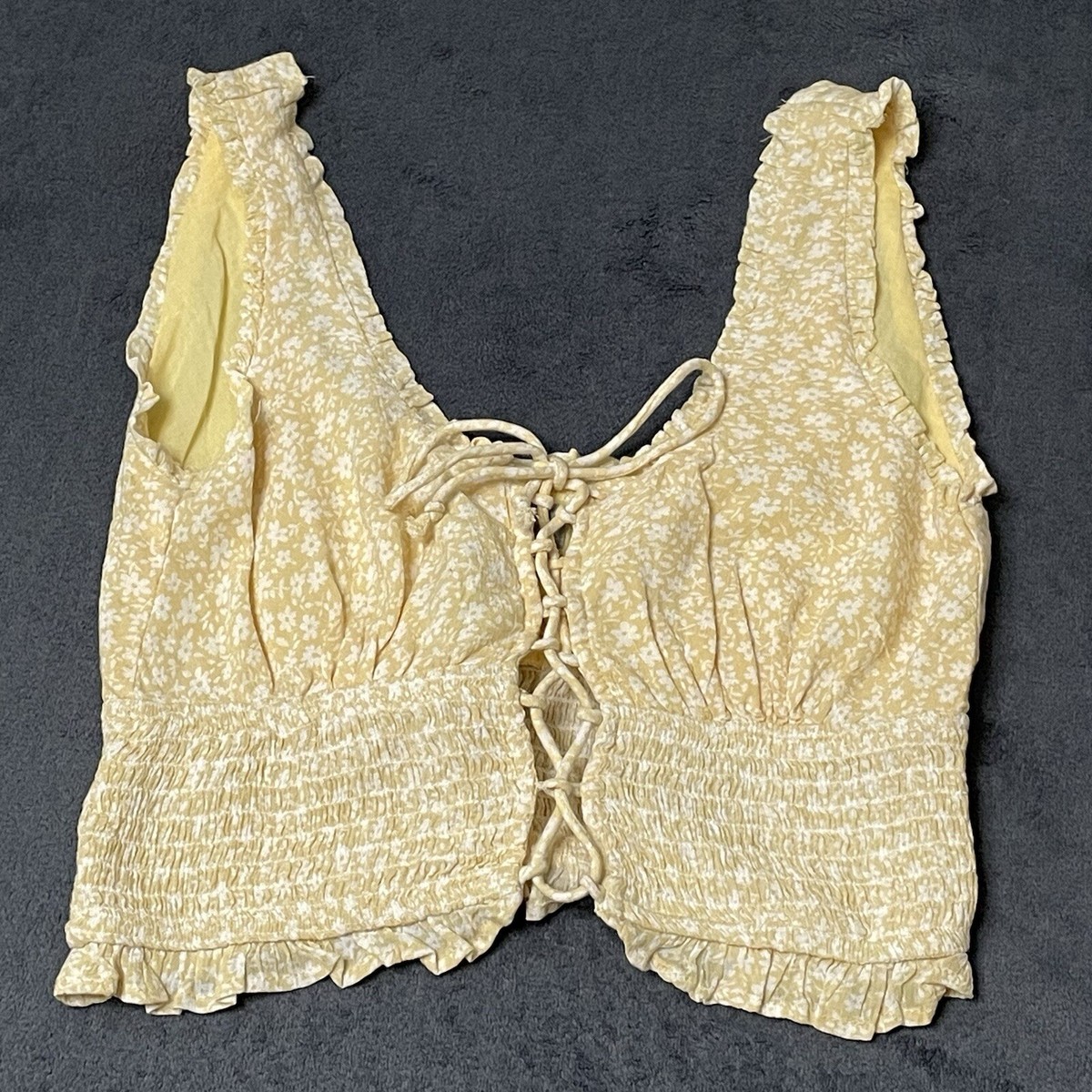 Sky & Sparrow Crop Top Womens S Yellow Ditsy Floral Lace Up Ruffle
