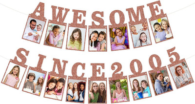 Pre-Strung Awesome since 2005 Photo Banner Birthday Decorations | Pink Rose Gold