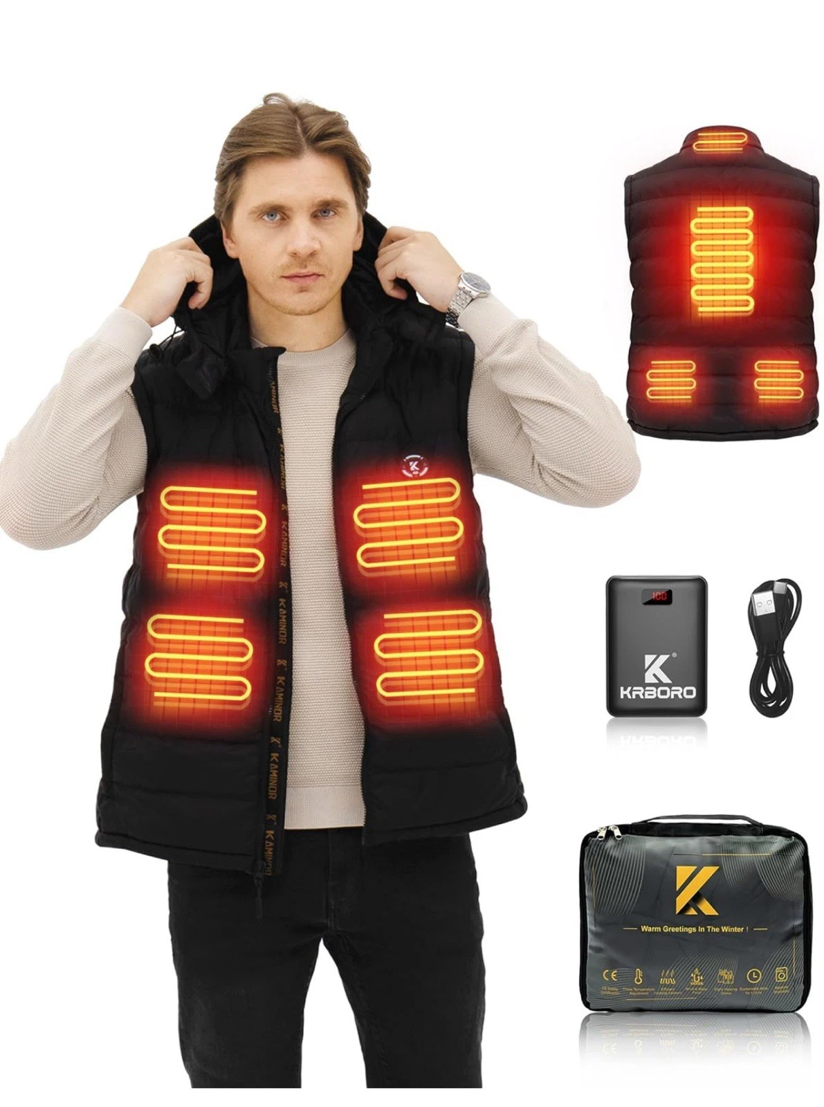 KRBORO Heated Vest for Men 7.5-Hour Lifespan Rechargeable Battery Pack Size L