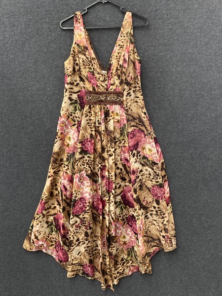 Anthea Crawford Womens V-Neck Pleated Dress Silk Brown Animal Pink Floral Sz 10
