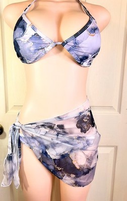 Shein Blue Marble Print 3 Piece Bikini Swimsuit Size Small with Chiffon Sarong