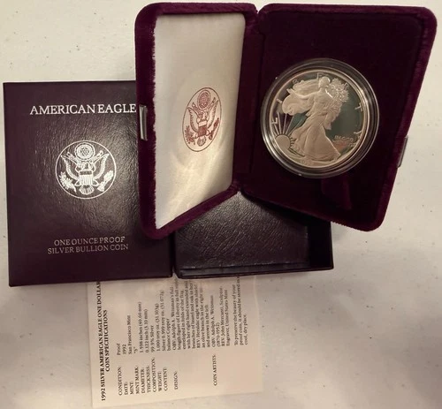1992-S brilliant gem PROOF American SILVER EAGLE with case, box & COA. Pf ASE