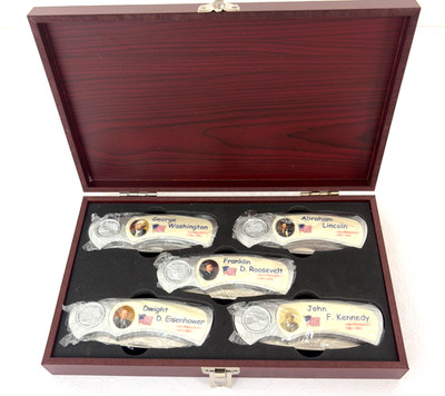 Vintage Presidential Knife Set with Wood Case Five 7 Inch Knives -Mint condition