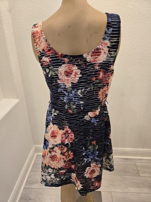 Floral Skater Mini Dress Three Pink Hearts Size L Blue Pink Striped Sleeveless