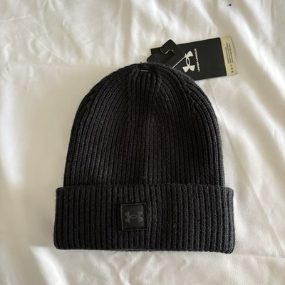 NWT Under Armour Men s Women s Black Ribbed Knit Beanie Hat One Size Logo Patch