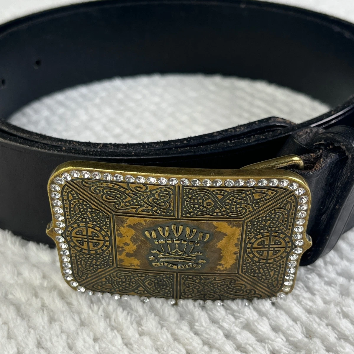 Lauren Ralph Lauren Black Leather Rhinestone Crown Buckle Belt M 428126972-AMA Lauren Ralph Lauren Leather Size M Belts for Women for sale  main image 2