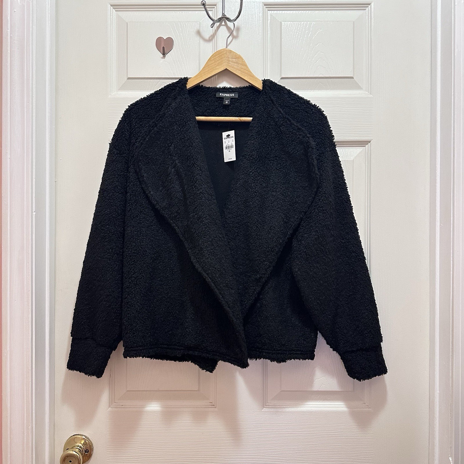 Express $78 NWT Cozy Black Sherpa Open Front Shawl Collar Jacket Warm Coat Sz XS