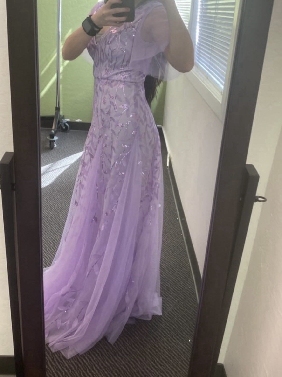 Ever-Pretty Purple Sequin Tulle Maxi Dress V-Neck Short Sleeve Formal S