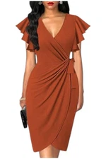 oten Women's Deep V Neck Ruffle Sleeve Sheath Dress Rust Orange