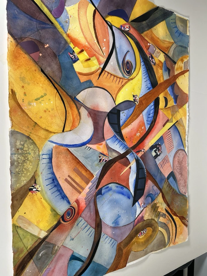 Pintura collage acuarela abstracta grande 40x32 arte moderno de mediados de siglo Foto 2 de 4