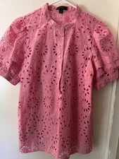 J.Crew Pink Eyelet Blouse Top Ruffle Short Sleeves Button Up Womens XS