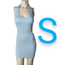 🆕Blue & White Halter Picnic Checkered Design Mini Stretchy Nylon Dress~Size S