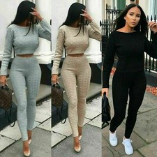Womens Ladies Cable Knitted Co-ord Bottoms Cropped Top Suit Loungewear Tracksuit