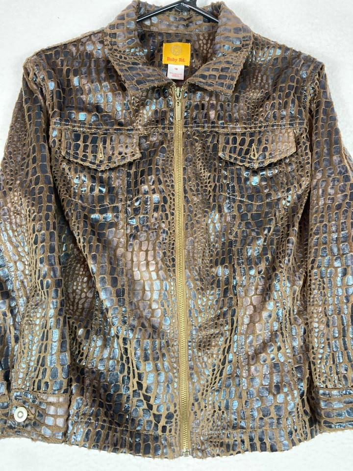 Ruby Rd. Woman Black and Brown Zip Front Jacket Lightweight 3/4 Sleeves Size 14 - Image 4 of 4