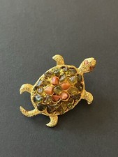 Vintage Natural Stone Glass Sea Turtle Flower Gold Tone Brooch Pin Nature