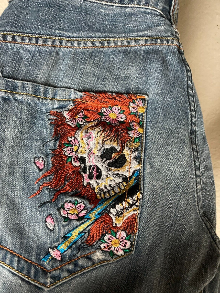 Christian Audigier Ed Hardy Jeans Mens 33 Skull Embroidered Denim