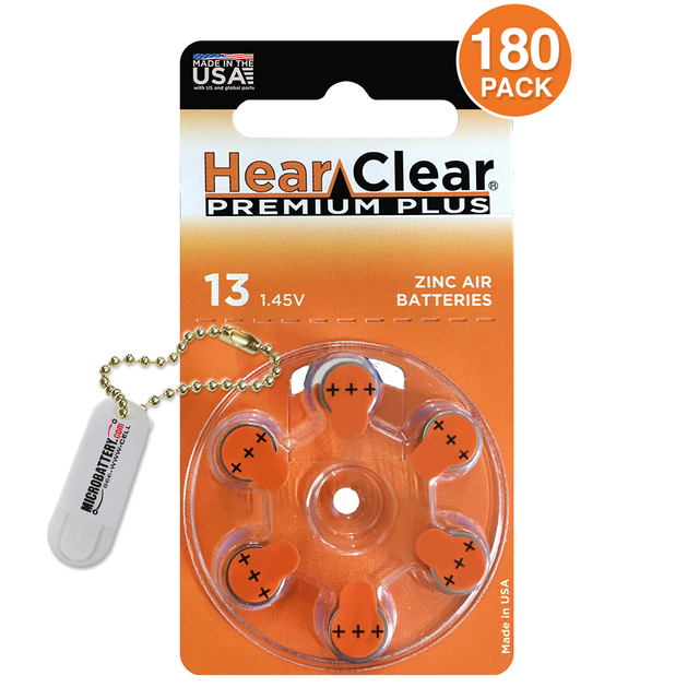 HearClear Size 13 Hearing Aid Batteries (180 Pack) + Battery Holder