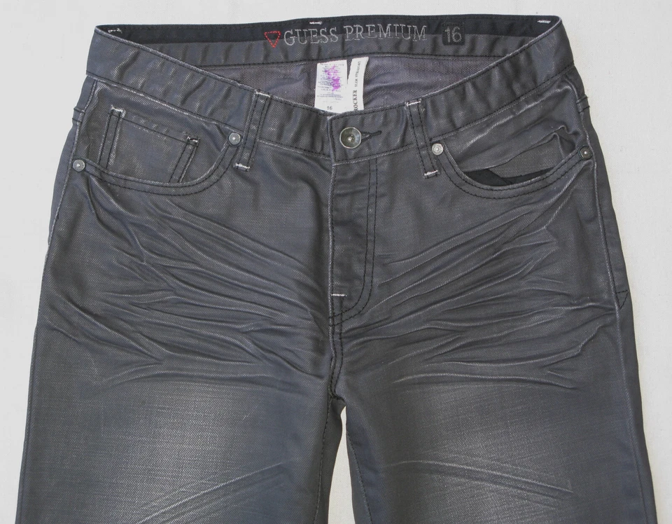 Jean Guess Brit Rocker Niños Talla 16 o 31 x 30 Delgado Recto Gris Oscuro Negro Brillo Foto 4 de 4