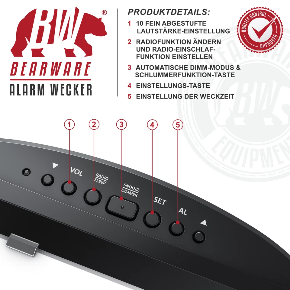 Bearware Design Radiowecker 7 Tasten 2 Weckalarme Snooze LED 15 FM Speicher - Bild 3 von 4