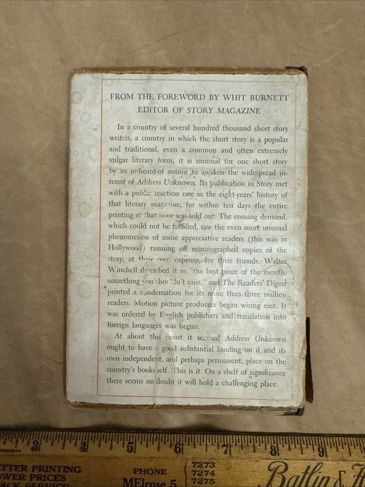 1939 ADDRESS UNKNOWN by Kressman Taylor, First Edition, 4th Printing Vintage - Image 3 of 4