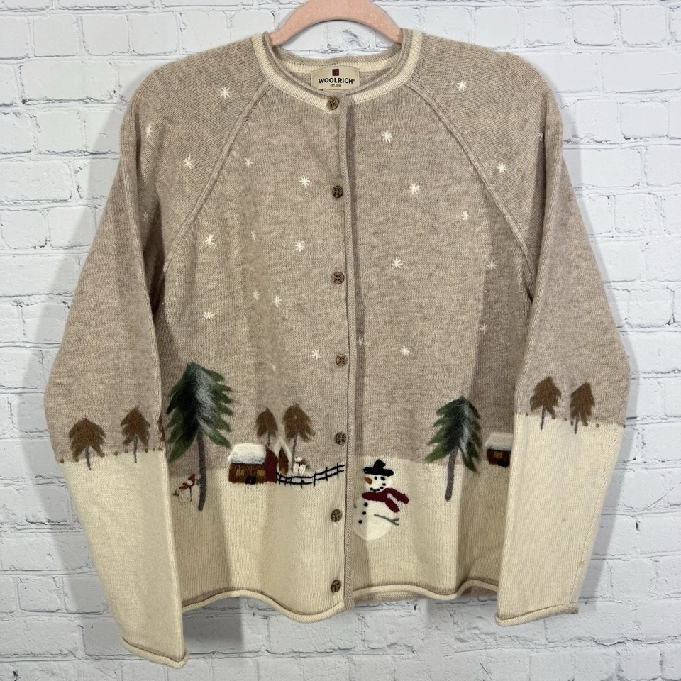 Cárdigan de Navidad Woolrich Corderos Lana Mujeres Mediano Muñeco de Nieve Granja Suéter Feo Foto 2 de 4