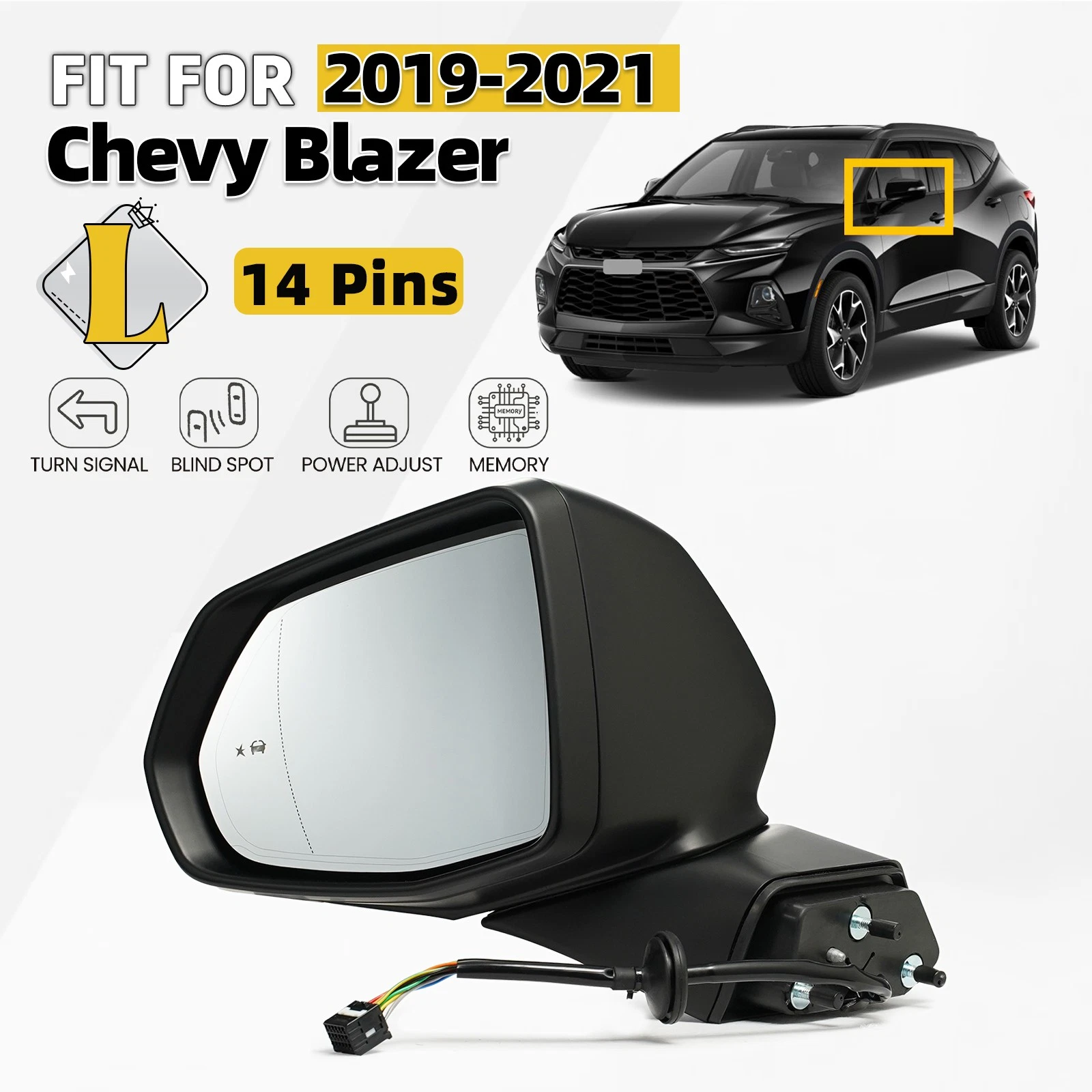 Left Side Mirror For 2019-2021 Chevy Blazer w/ BSD & Memory &Turn Signal 14 Pins