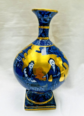 James Kent ''Olde Foley Ware'' Chinoserie Vase blau und gold Flaschenform 15 cm