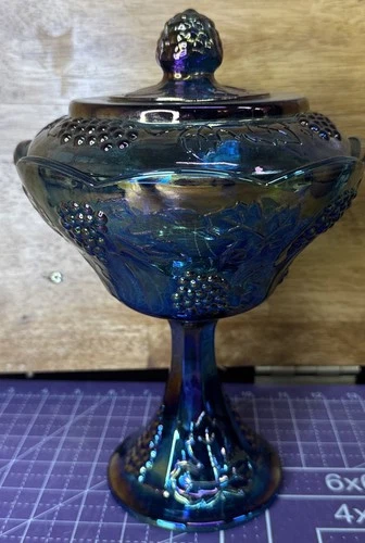 Indiana Carnival Glass Grape Blue Amethyst Compote Dish Vintage 1970s Harvest