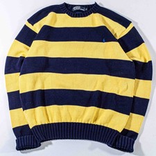 Vintage 90s Polo Ralph Lauren Pony Striped Knit Sweater Medium Navy Yellow