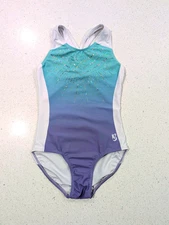 BEAUTIFUL KBEE AM Medium Gymnastics Dance Leotard Purple Teal OMBRE CRISS CROSS