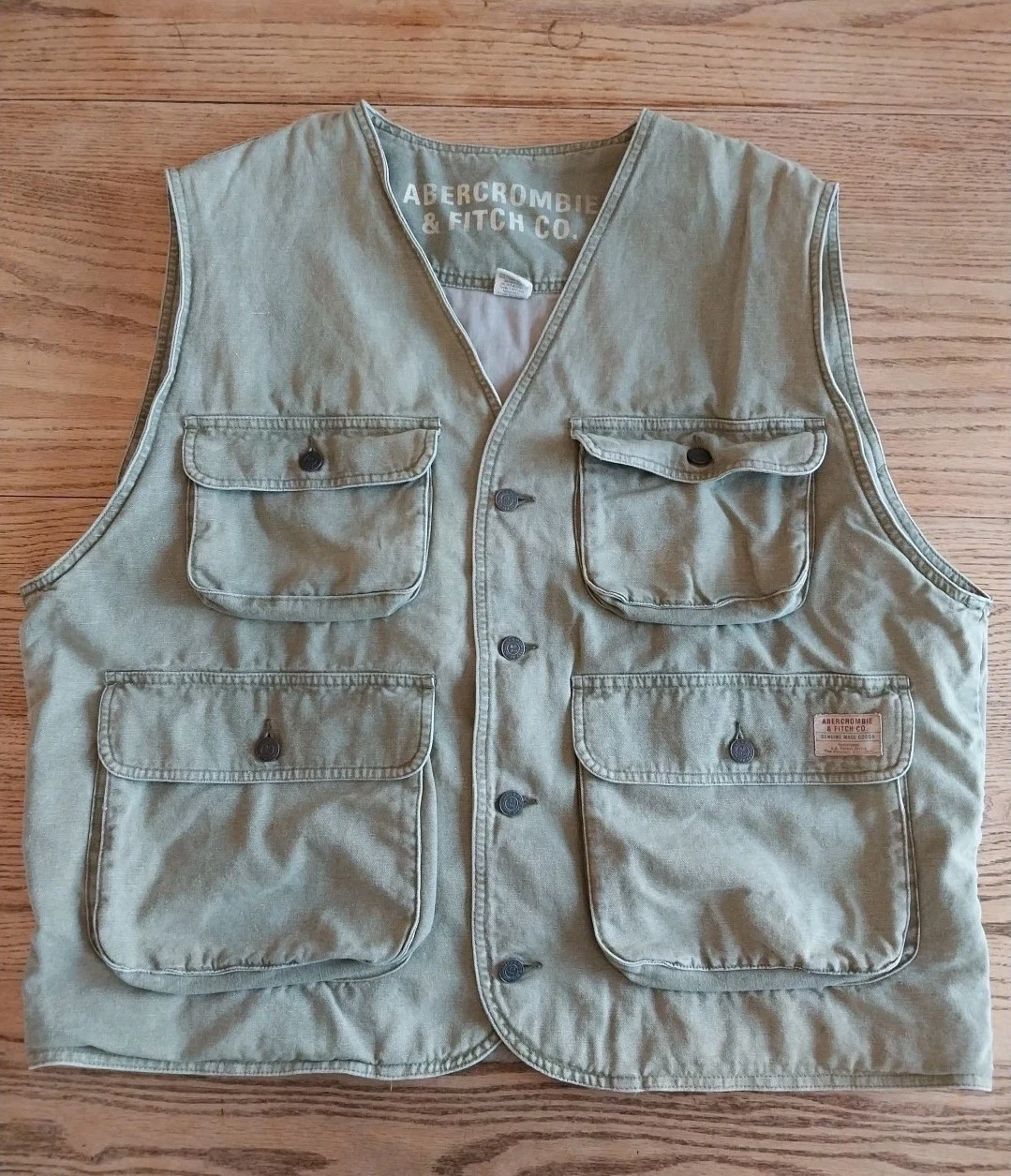 Vtg Abercrombie & Fitch Button Front Cargo Utility Vest Green Oversize Mens Sz L