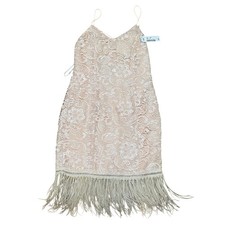 Minuet Pink Lace Feather Trim Spaghetti Strap Cocktail Retro Dress Women's M NWT