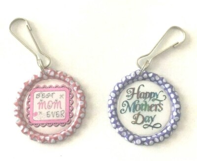 Handmade Adorable Mother's Day ''Best Mom Ever'' Bottle Cap Zipper Pull Set of 2 