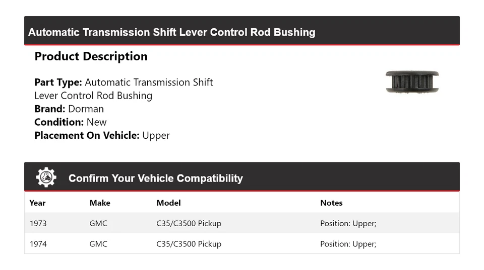 适用于 1973 - 1974 年 GMC C35/C3500 拾音器 Dorman AT Shift 杠杆控制杆衬套 — 第 2/4 张图片