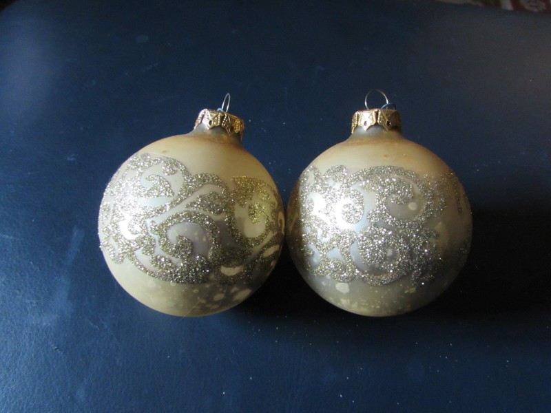 Set of 2 Vintage Gold Christmas Ornaments Gold Glitter Stencils
