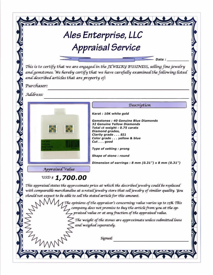 PENDIENTES DIAMANTES AZULES Y AMARILLOS GENUINOS ORO BLANCO 10K * Certificado GRATIS * Foto 4 de 4