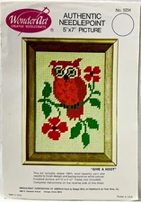 1970s WonderArt Give A Hoot 5234 Needlepoint Kit 5x7 Owl Picture Vintage 14435