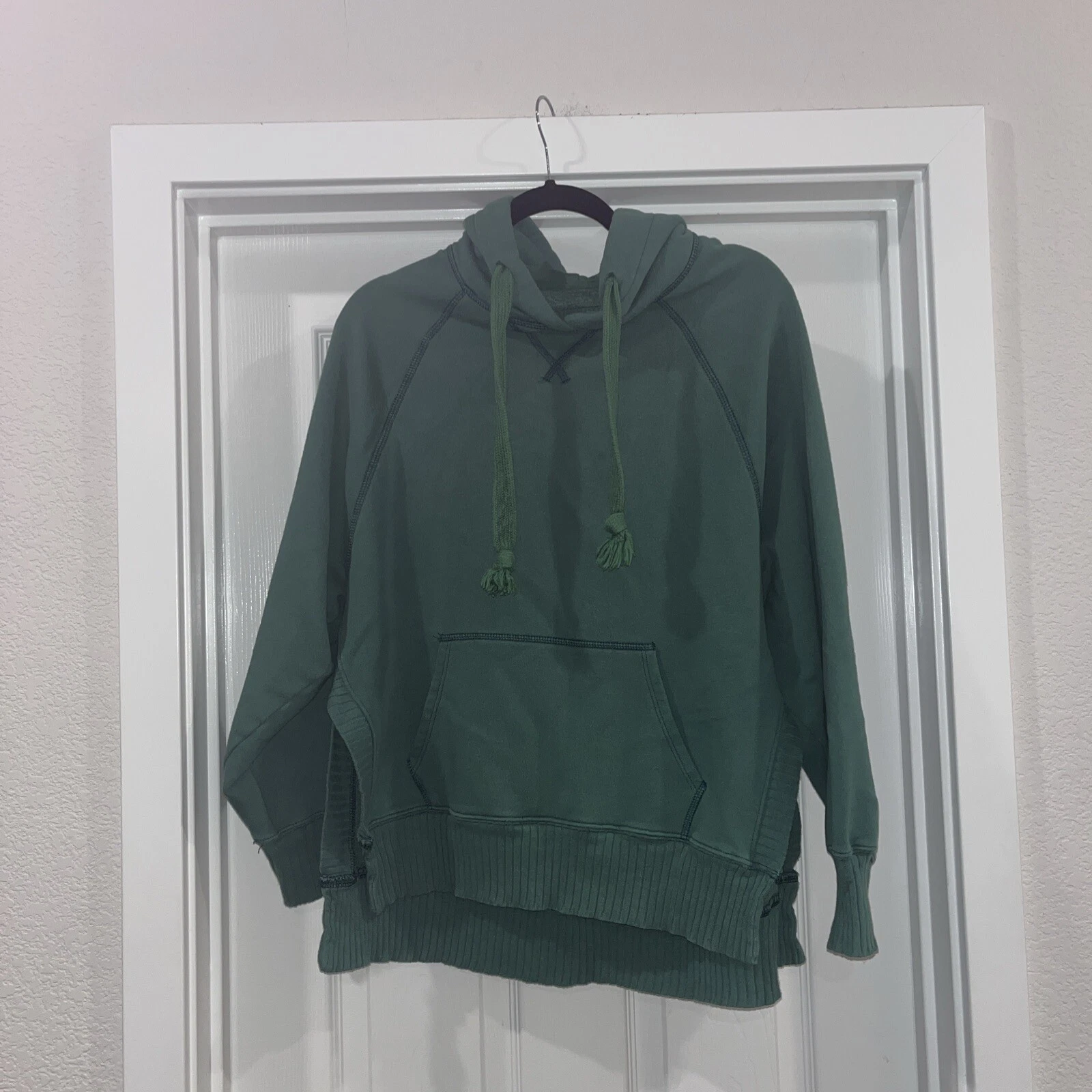 American Eagle Women Hooded Sweatshirt Small GreenHoodie Rib Knit High Low Edge
