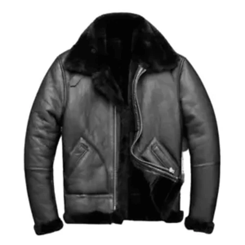 Black Real Leather RAF Aviator Pilot B3 Flying Bomber Shearling Fur Jacket Mens - product listing photo