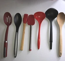 Set of 7  Large Kitchen Cooking Utensils Spoons, Ladle, Wood, Metal, Plastic