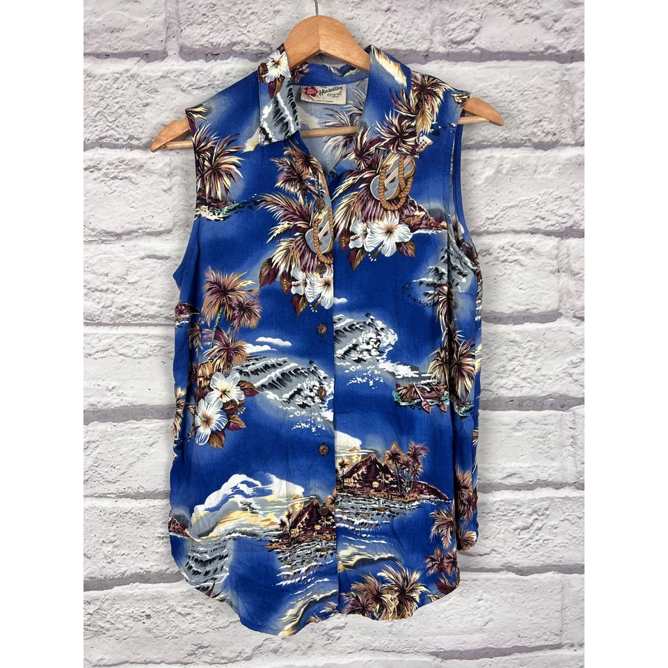 Camisa HILO HATTIE Mujer S Azul Floral Hawaiana EE. UU. Resort Tropical Playa Botón Foto 2 de 4