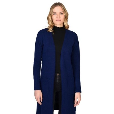 State Cashmere Open Front Long Cardigan Sweater Pockets Blue Small