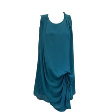 Halston Heritage Blue Silk Sleeveless Draped Detail Dress Minimal Classic-Size 0